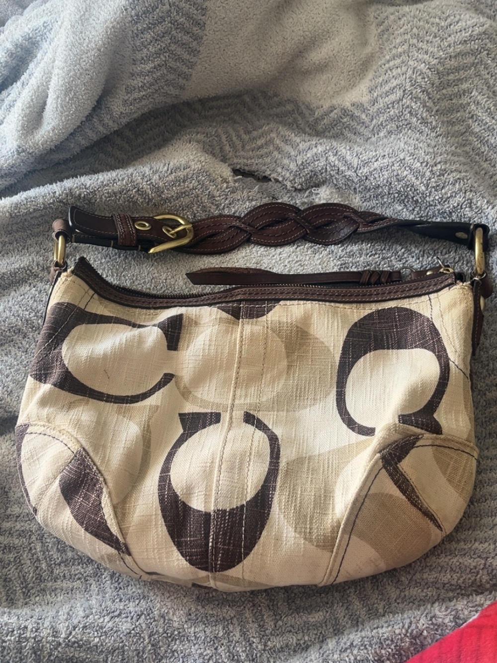 2008 Vintage Coach Brown and Cream Signature-Pattern Crossbody Bag